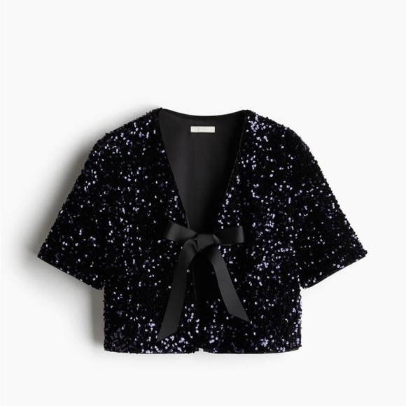 H&M navy sequin blouse bow jacket size small brand new sold out holiday party - Picture 3 of 4